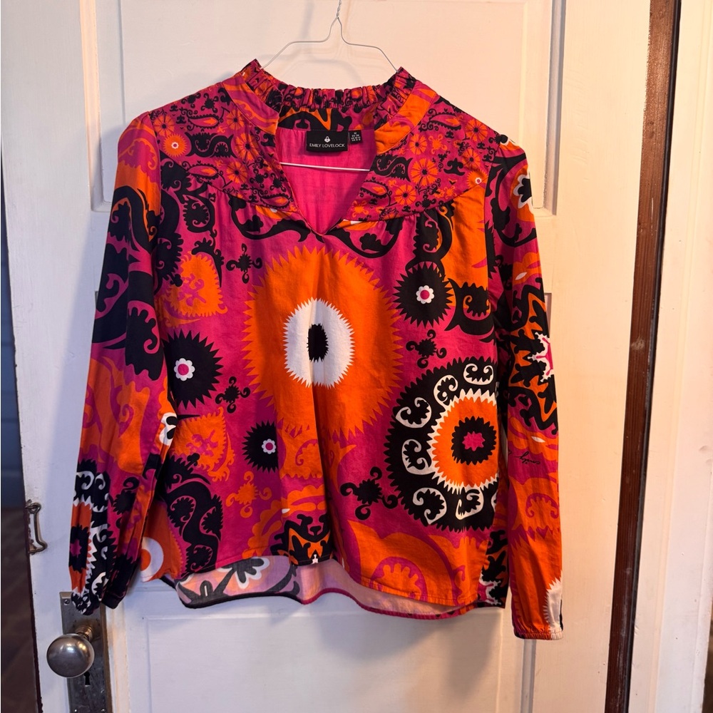 Emily Lovelock Women's Blouse with Pink and Orange Patterns